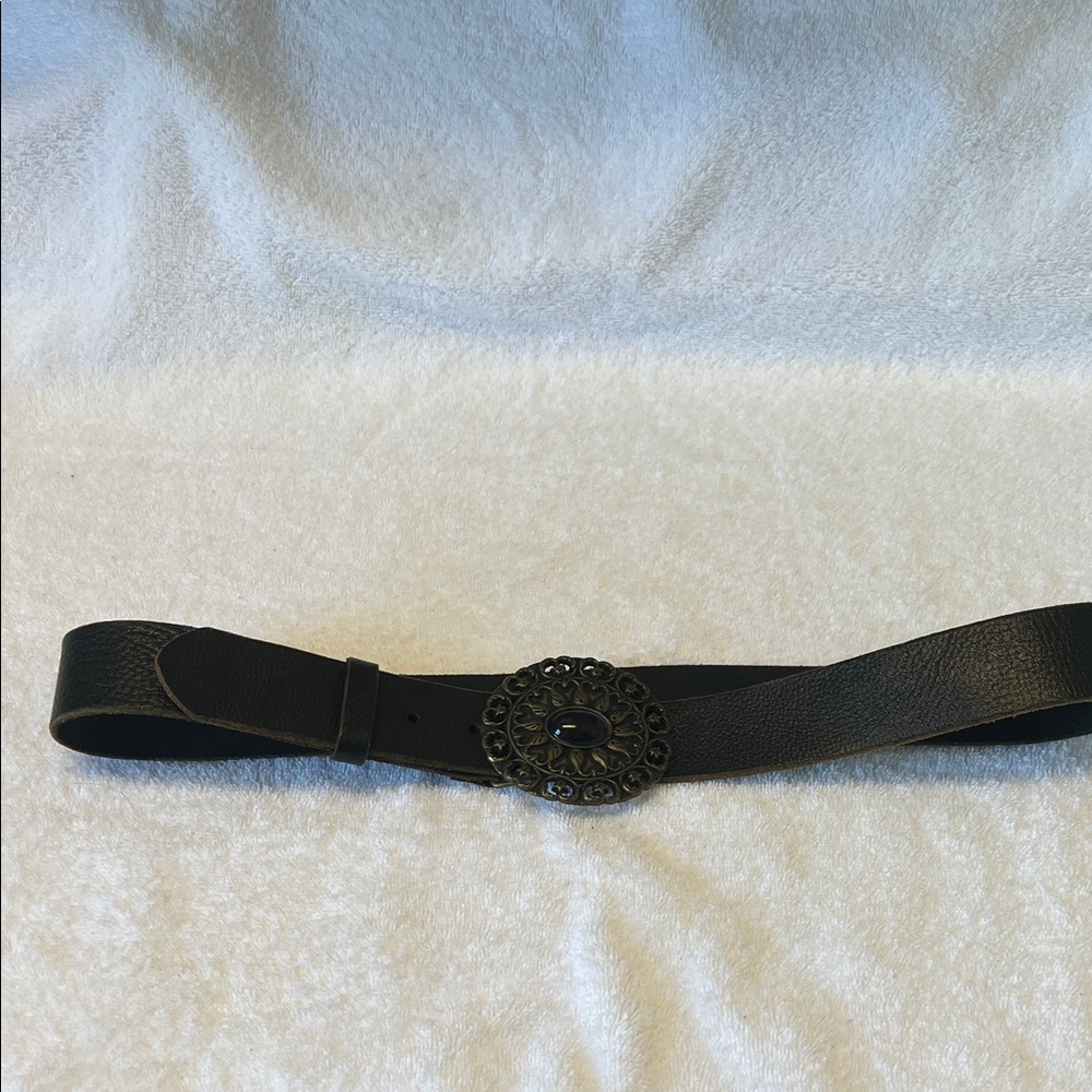 Elegant Black Leather Belt with Ornate Buckle